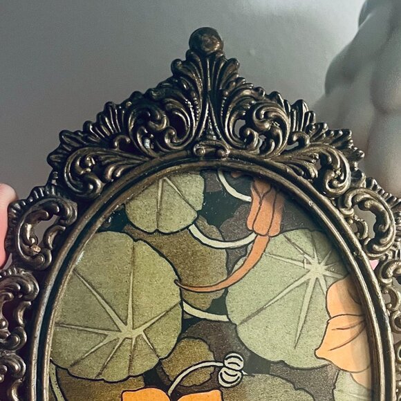 Antique Hanging Brass Frame in Ornate Floral Design with Convex Glass Cover - Picture 4 of 7